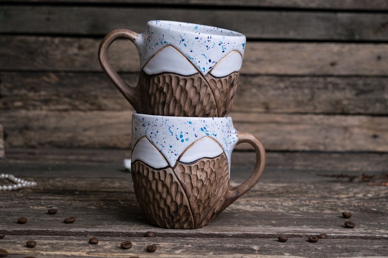 Juego de tazas de montaña de cerámica hechas a mano // Cerámica orgánica, Taza de montaña, Tazas de cerámica de la naturaleza, Tazas de cerámica hechas a mano, Tazas de gres grandes imagen 4