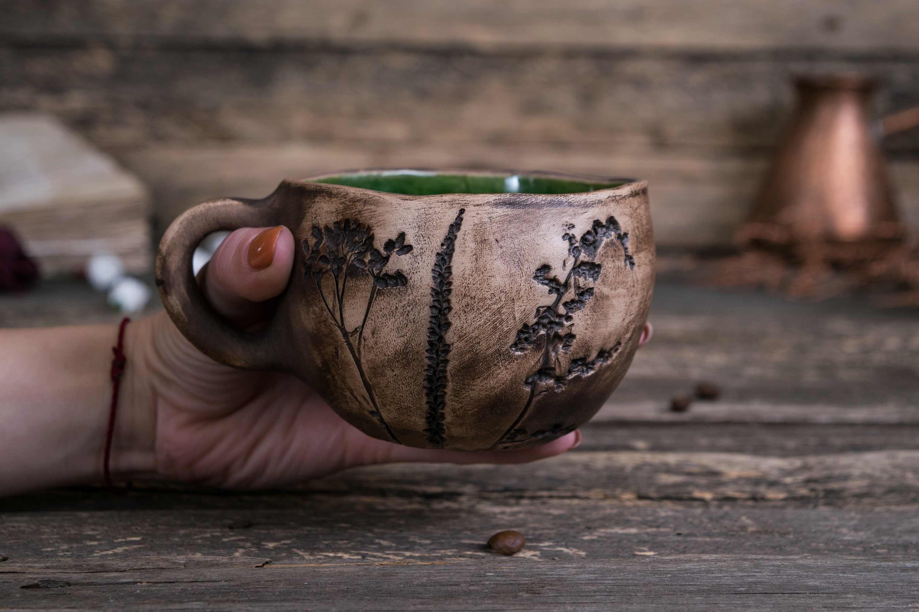 Set of two handmade pottery mugs Ceramic mugs with plant Etsy