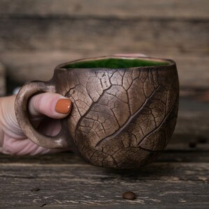 Handmade ceramic plant mugs 4 pottery mugs set, Plant imprint mug, Botanical leaf mug, Fall mugs, Garden lover gift, Plants lover gift image 7