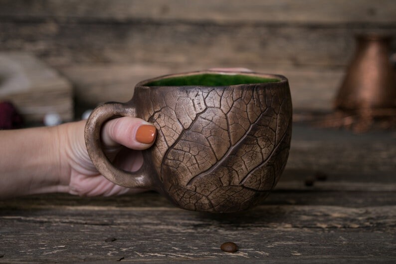 Handmade ceramic plant mugs 4 pottery mugs set, Plant imprint mug, Botanical leaf mug, Fall mugs, Garden lover gift, Plants lover gift image 7