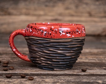 Unique handmade red pottery mug  || ceramic coffee mug, ribbed mug, Rustic clay mug, dotted mug, glazed mug, gift for him, self gift