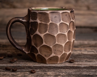 Dark rustic coffee mug || handmade wabi sabi mug, raw edges mug, brown minimalist mug, unique tea cup, ribbed pottery mug, textured clay mug