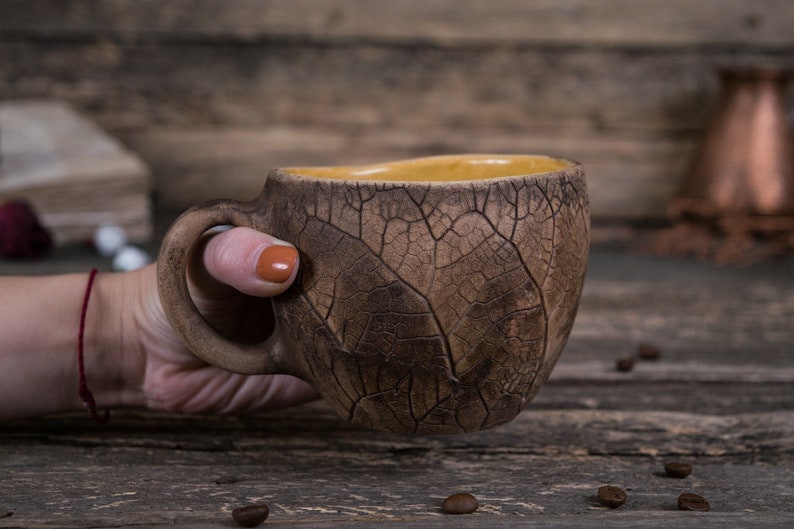 Handmade ceramic plant mugs 4 pottery mugs set, Plant imprint mug, Botanical leaf mug, Fall mugs, Garden lover gift, Plants lover gift image 8