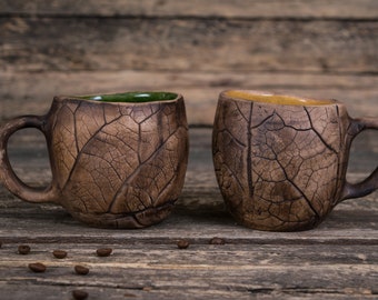 Set of two tall ceramic mugs || Set of two handmade pottery mugs with leaves impressions, Unique ceramic coffee mugs Nature, Leaf mugs