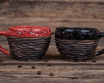 Black & Red home decor | Two handmade ceramic cosmic mugs, Rustic clay mugs , black red clay mugs, coffee dotted mugs, christmas gothic gift