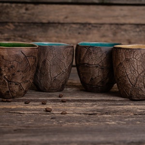 Handmade ceramic plant mugs 4 pottery mugs set, Plant imprint mug, Botanical leaf mug, Fall mugs, Garden lover gift, Plants lover gift image 9