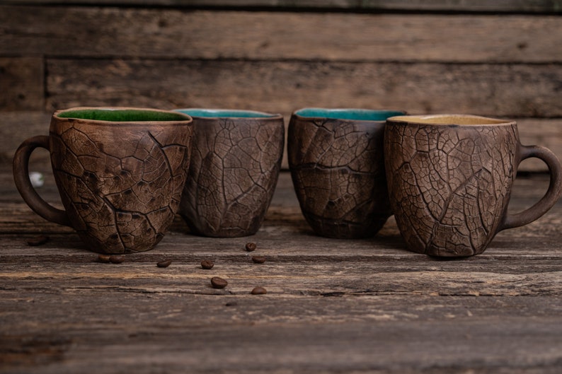 Handmade ceramic plant mugs 4 pottery mugs set, Plant imprint mug, Botanical leaf mug, Fall mugs, Garden lover gift, Plants lover gift image 9