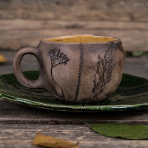 Ceramic mug and plate set Handmade pottery dishes, green plate, mugs handmade, Nature pottery, Leaf pottery, Botanical mug, Floral plate image 3