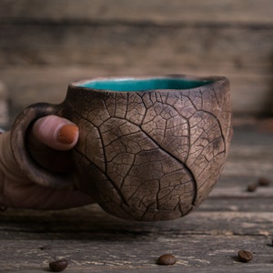 Handmade ceramic mug Pottery mug with leaf impressions, Unique leaf mug, Turquoise coffee mugs, Plant mug, Botanical mug, Nature clay mug Turquoise