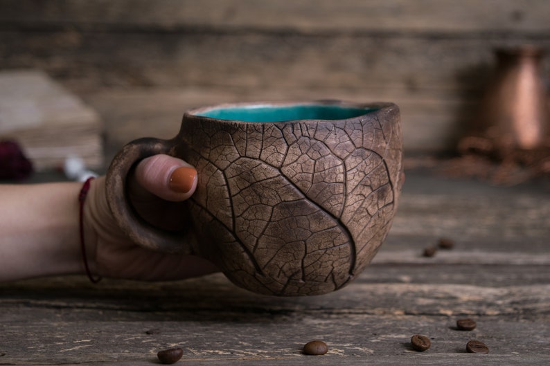 Handmade ceramic mug Pottery mug with leaf impressions, Unique leaf mug, Turquoise coffee mugs, Plant mug, Botanical mug, Nature clay mug Turquoise