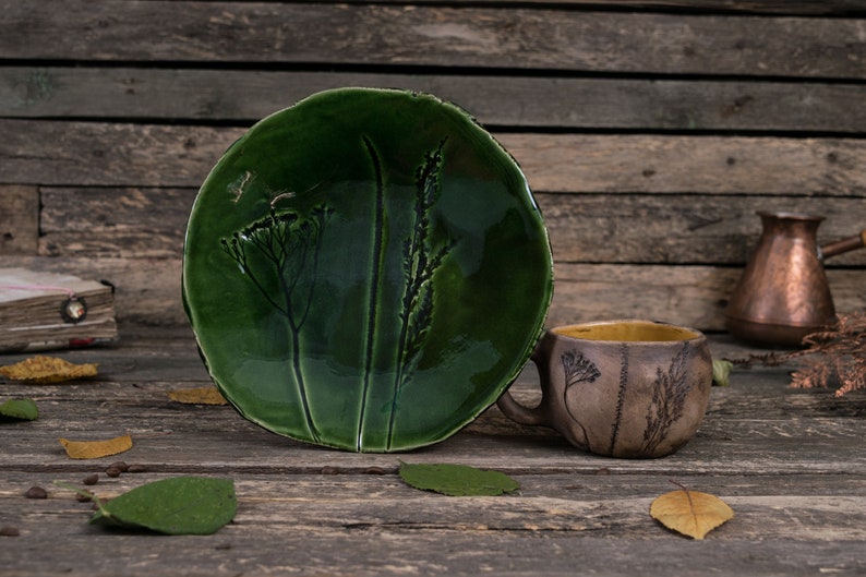 Ceramic mug and plate set Handmade pottery dishes, green plate, mugs handmade, Nature pottery, Leaf pottery, Botanical mug, Floral plate image 1