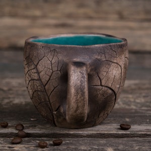 Handmade ceramic mug Pottery mug with leaf impressions, Unique leaf mug, Turquoise coffee mugs, Plant mug, Botanical mug, Nature clay mug image 3