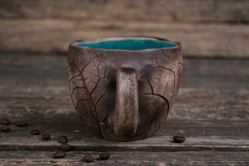 Handmade ceramic mug Pottery mug with leaf impressions, Unique leaf mug, Turquoise coffee mugs, Plant mug, Botanical mug, Nature clay mug image 3