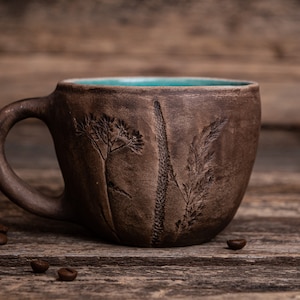 Pottery plant mug || Handmade ceramic mug, Botanical turquoise mug, Unique coffee mug, Nature floral mug, pottery tea cup