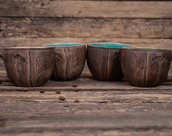 4 handmade ceramic mugs set || Unique botanical mugs set, Pottery floral mug, Plants mug, Wildflowers mug, Herbs mug, Nature coffee mug