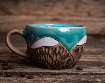 Clay nature mug || mountains handmade mug, turquoise clay mug, cute coffee mug, snow winter mug, ribbed tea cup, wavy rustic mugs
