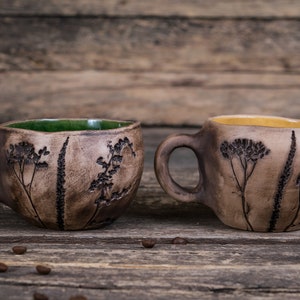 Two mugs set | Clay coffee mugs, Handmade ceramic mugs, Unique coffee mugs, Botanical pottery mugs, Nature ceramic mug, Gift for her