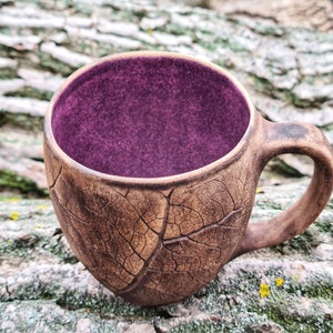 Handmade ceramic mug Pottery mug with leaf impressions, Unique leaf mug, Turquoise coffee mugs, Plant mug, Botanical mug, Nature clay mug Purple