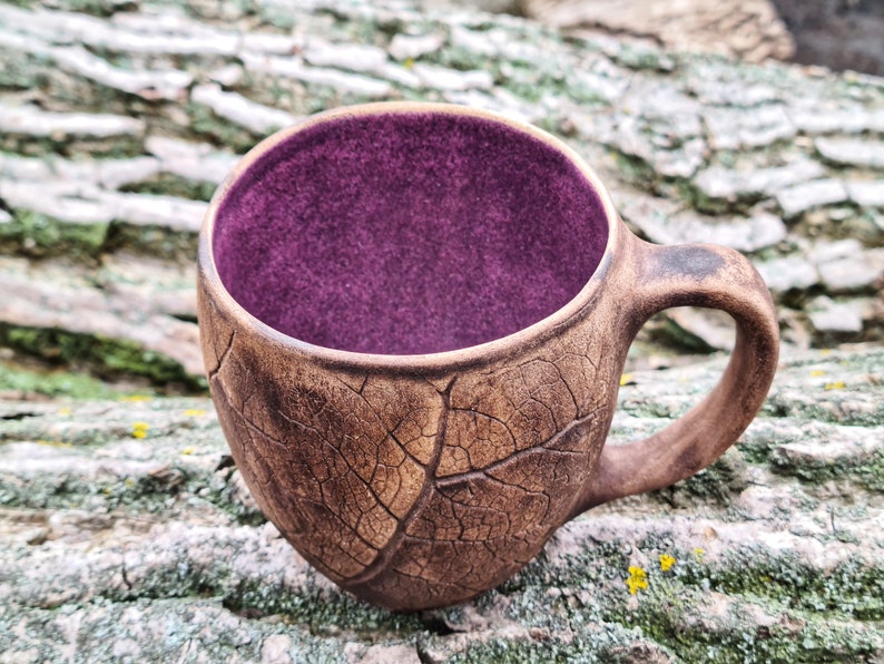 Handmade ceramic mug Pottery mug with leaf impressions, Unique leaf mug, Turquoise coffee mugs, Plant mug, Botanical mug, Nature clay mug Purple