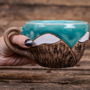 clay mountain mug pottery coffee cup, Nature ceramic mug, mountains lover gift, snow winter mug, snowy mountains mug, white dotted mug Turquoise