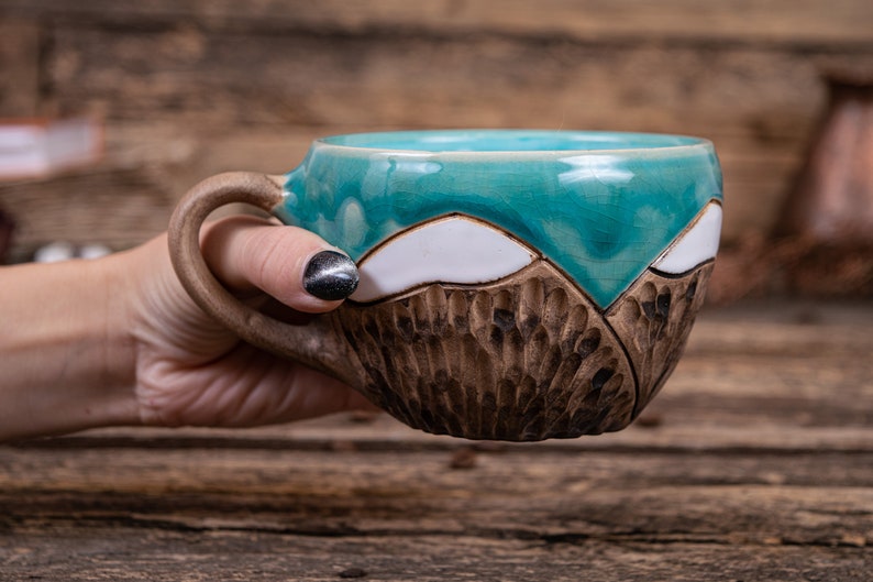clay mountain mug pottery coffee cup, Nature ceramic mug, mountains lover gift, snow winter mug, snowy mountains mug, white dotted mug Turquoise
