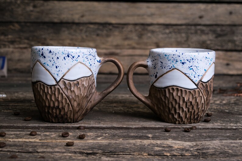 Juego de tazas de montaña de cerámica hechas a mano // Cerámica orgánica, Taza de montaña, Tazas de cerámica de la naturaleza, Tazas de cerámica hechas a mano, Tazas de gres grandes imagen 2