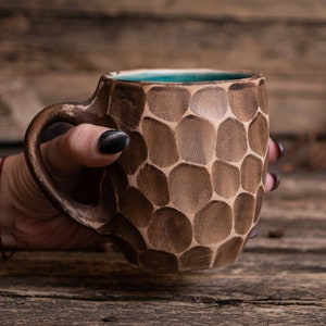 Minimalist stylish ceramic mug handmade clay mug, stoneware 11.83 oz mug, tall coffee mug, Hygge ceramic mug, yellow honeycomb mug Blue