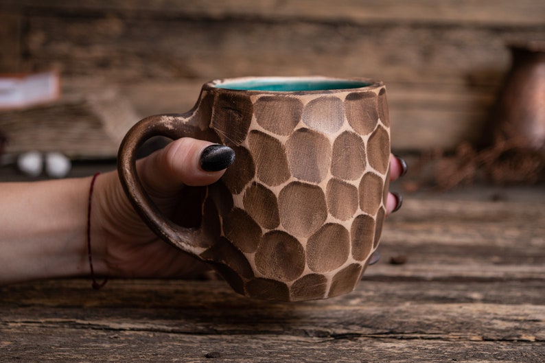 Minimalist stylish ceramic mug handmade clay mug, stoneware 11.83 oz mug, tall coffee mug, Hygge ceramic mug, yellow honeycomb mug Blue