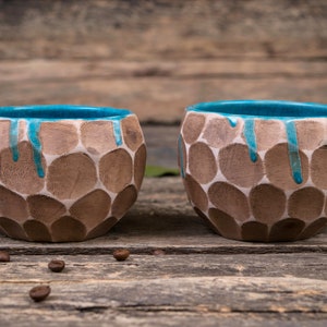 Set of two handmade pottery mugs with blue drips Ceramic mugs handmade, unique uneven clay mug, coffee drip mug, Convex mugs set image 3
