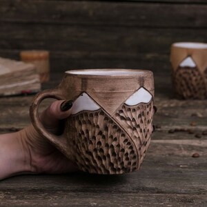 Mountain mug Ceramic mug handmade, Nature pottery, Everest mug, Ribbed handmade ceramics, Unique eco friendly ceramics, clay tea cup Brown