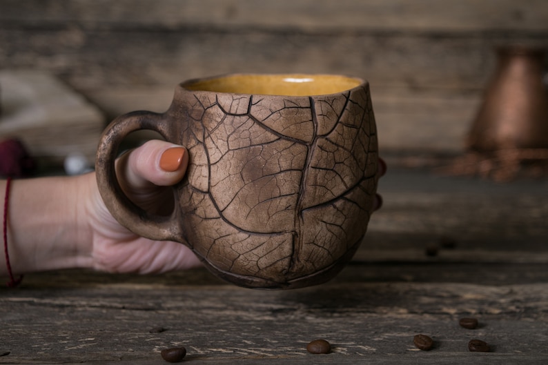 Big pottery leaf mug Handmade ceramic coffee mug, Pottery mug with leaves impressions, Nature mug, Unique clay mug, Autumn mug, Fall mug image 7