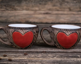 Two heart mugs ||  Handmade ceramic mug, Red heart mug, Love coffee mugs, Hand painted mugs, Couple matching gift, Stoneware coffee mugs