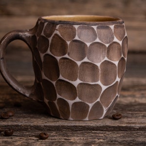 Minimalist stylish ceramic mug handmade clay mug, stoneware 11.83 oz mug, tall coffee mug, Hygge ceramic mug, yellow honeycomb mug image 1