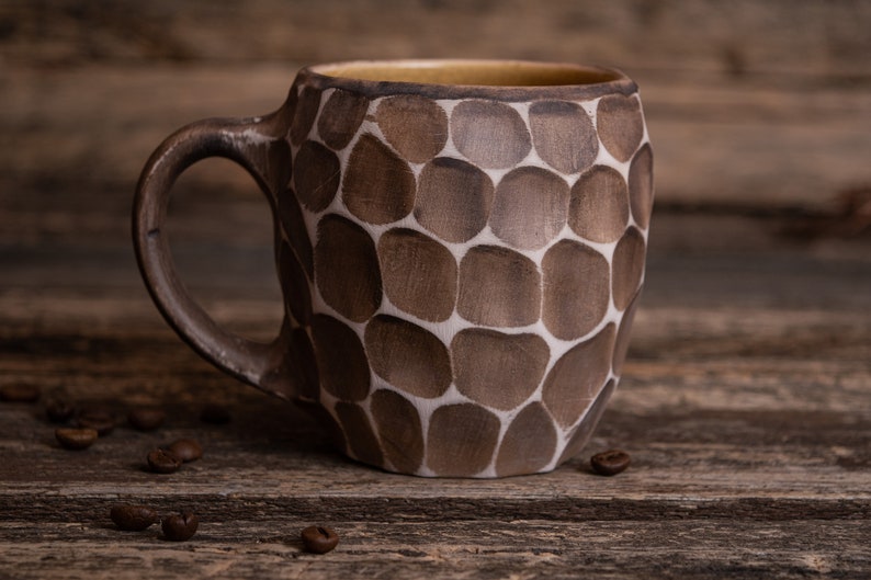 Minimalist stylish ceramic mug handmade clay mug, stoneware 11.83 oz mug, tall coffee mug, Hygge ceramic mug, yellow honeycomb mug image 1