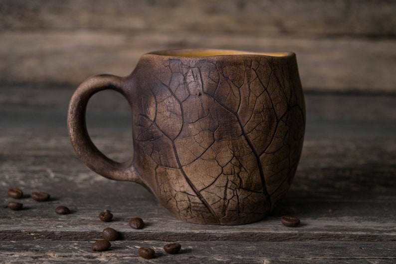 Big pottery leaf mug Handmade ceramic coffee mug, Pottery mug with leaves impressions, Nature mug, Unique clay mug, Autumn mug, Fall mug image 2