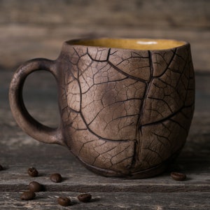 Big pottery leaf mug Handmade ceramic coffee mug, Pottery mug with leaves impressions, Nature mug, Unique clay mug, Autumn mug, Fall mug image 1