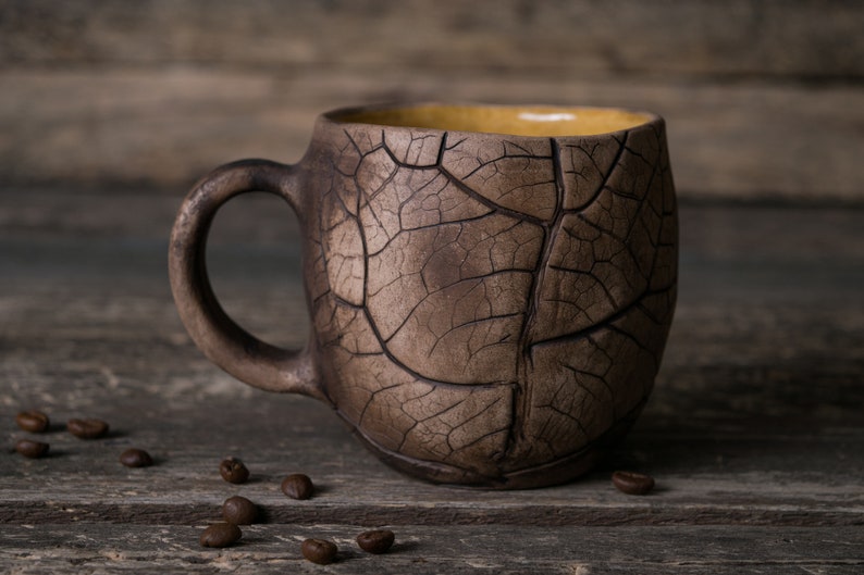 Big pottery leaf mug Handmade ceramic coffee mug, Pottery mug with leaves impressions, Nature mug, Unique clay mug, Autumn mug, Fall mug image 1