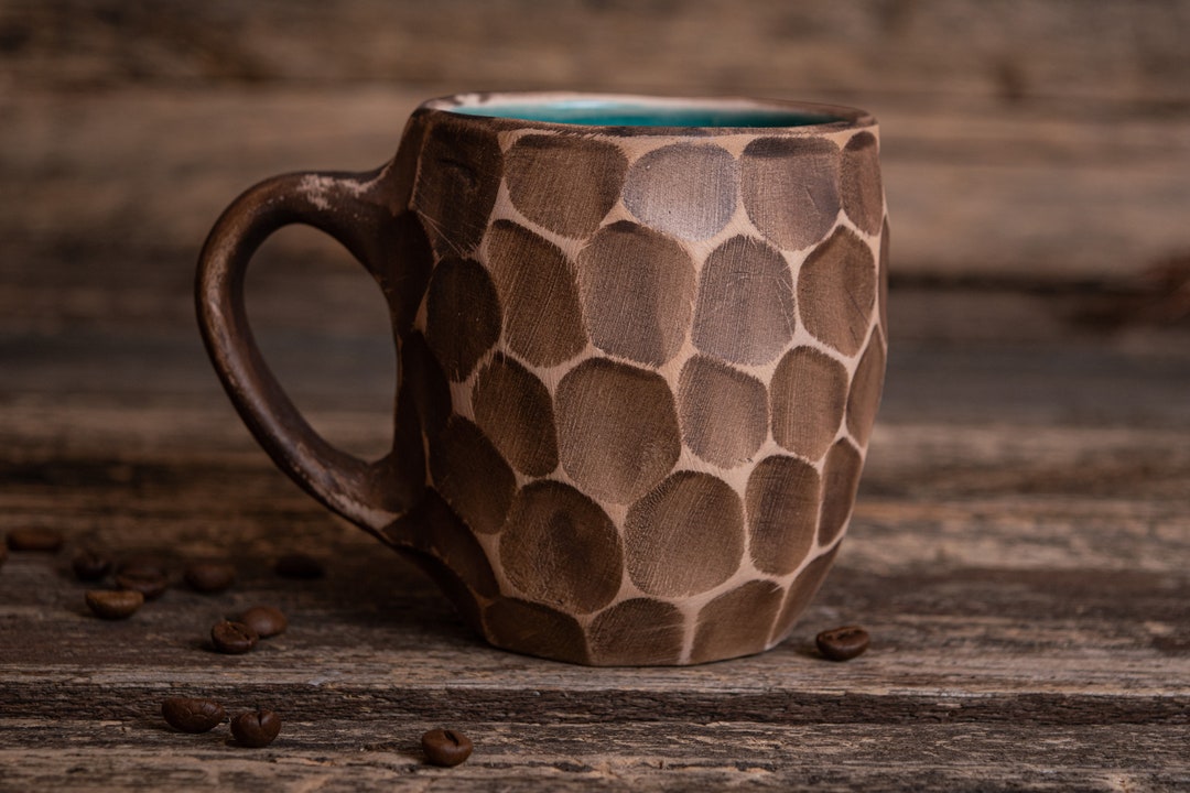 Unique Handmade Ribbed Mug || Turquoise Clay Mug, Crackle Glaze Mug ...