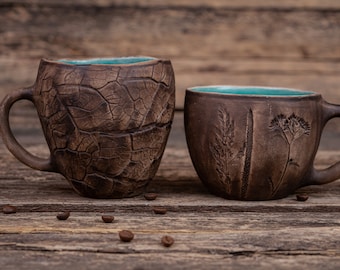 Set of two ceramic mugs | Gift for her, clay plant mug, handmade ceramic mugs, botanical coffee cups, pottery floral mug