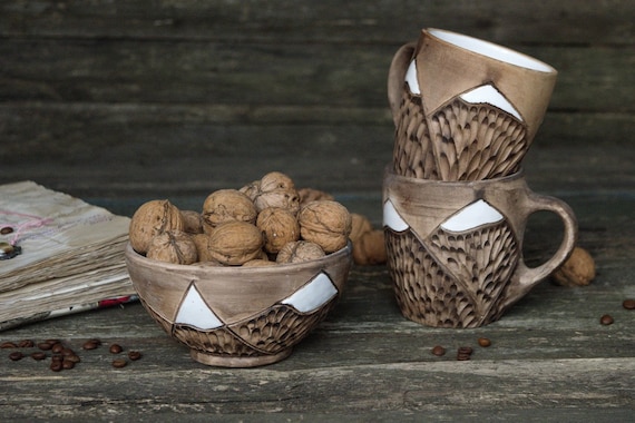 Ceramic dishes set || handmade ceramic mug, handmade ceramic bowl, gift for wife, clay mountain mug, cute mother gift, large tea cup