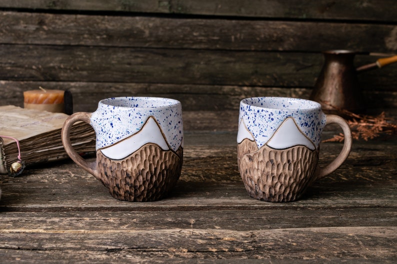 Juego de tazas de montaña de cerámica hechas a mano // Cerámica orgánica, Taza de montaña, Tazas de cerámica de la naturaleza, Tazas de cerámica hechas a mano, Tazas de gres grandes imagen 7
