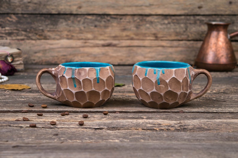 Set of two handmade pottery mugs with blue drips Ceramic mugs handmade, unique uneven clay mug, coffee drip mug, Convex mugs set image 1