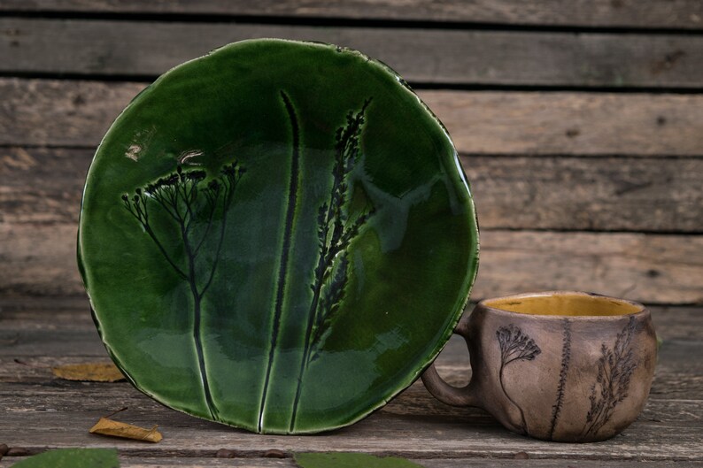 Ceramic mug and plate set Handmade pottery dishes, green plate, mugs handmade, Nature pottery, Leaf pottery, Botanical mug, Floral plate image 2