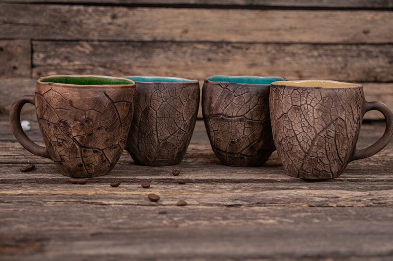 Handmade ceramic plant mugs 4 pottery mugs set, Plant imprint mug, Botanical leaf mug, Fall mugs, Garden lover gift, Plants lover gift image 1