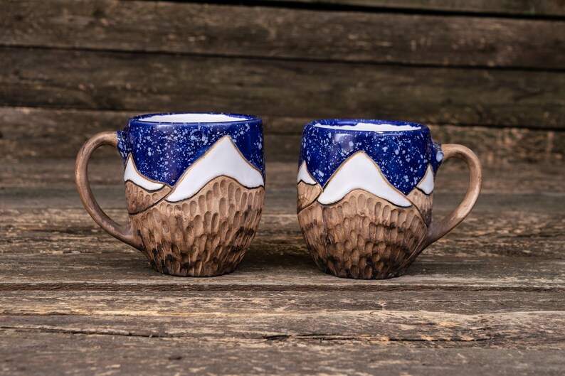 Juego de tazas de montaña de cerámica hechas a mano // Cerámica orgánica, Taza de montaña, Tazas de cerámica de la naturaleza, Tazas de cerámica hechas a mano, Tazas de gres grandes Navy