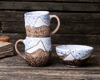 Handmade pottery mountain tea set || Nature ceramic mug, Clay mountain mug, Organic ceramic dishes, Ceramic mountain bowl, Pottery mug