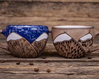 Two handmade clay coffee mugs set || Nature pottery mug, Christmas gift for a couple, Mont Blanc ceramic mug, Winter mug, alpinist gift