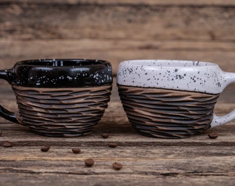 Yin Yang mugs set | Black and White mugs, clay coffee cups, ceramic dotted mugs,couple matching mugs, hot chocolate mugs, clay cups handmade