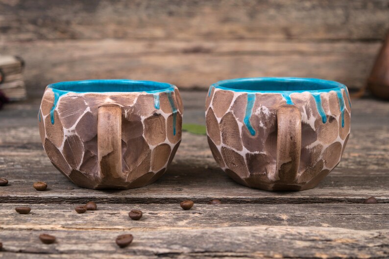 Set of two handmade pottery mugs with blue drips Ceramic mugs handmade, unique uneven clay mug, coffee drip mug, Convex mugs set image 6