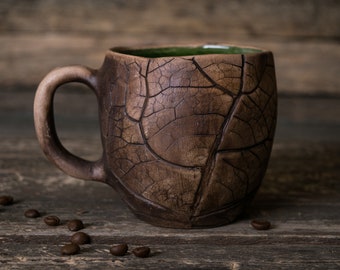 Big ceramic coffee mug with leaf impressions || Handmade pottery mugs, Nature mug, Clay leaf mug, Tall mug, Rustic  mug, Botanical mug